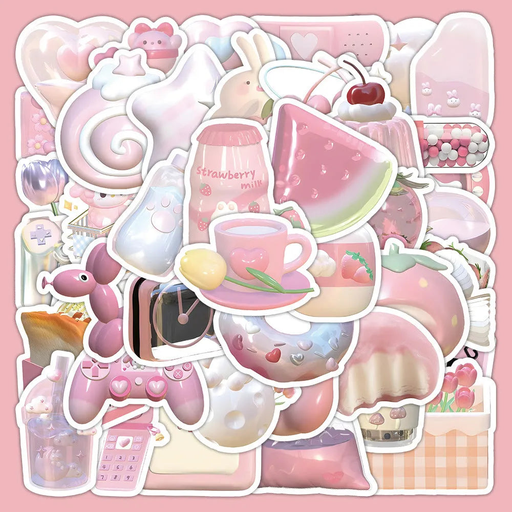 63 piece set of pink 3D girl heart decorative stickers in cute style on a sheet.