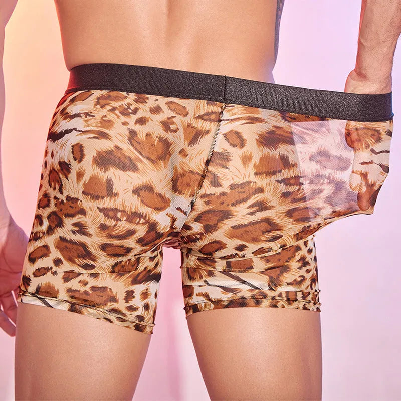 A pair of men's leopard print boxer shorts made from nylon fabric.