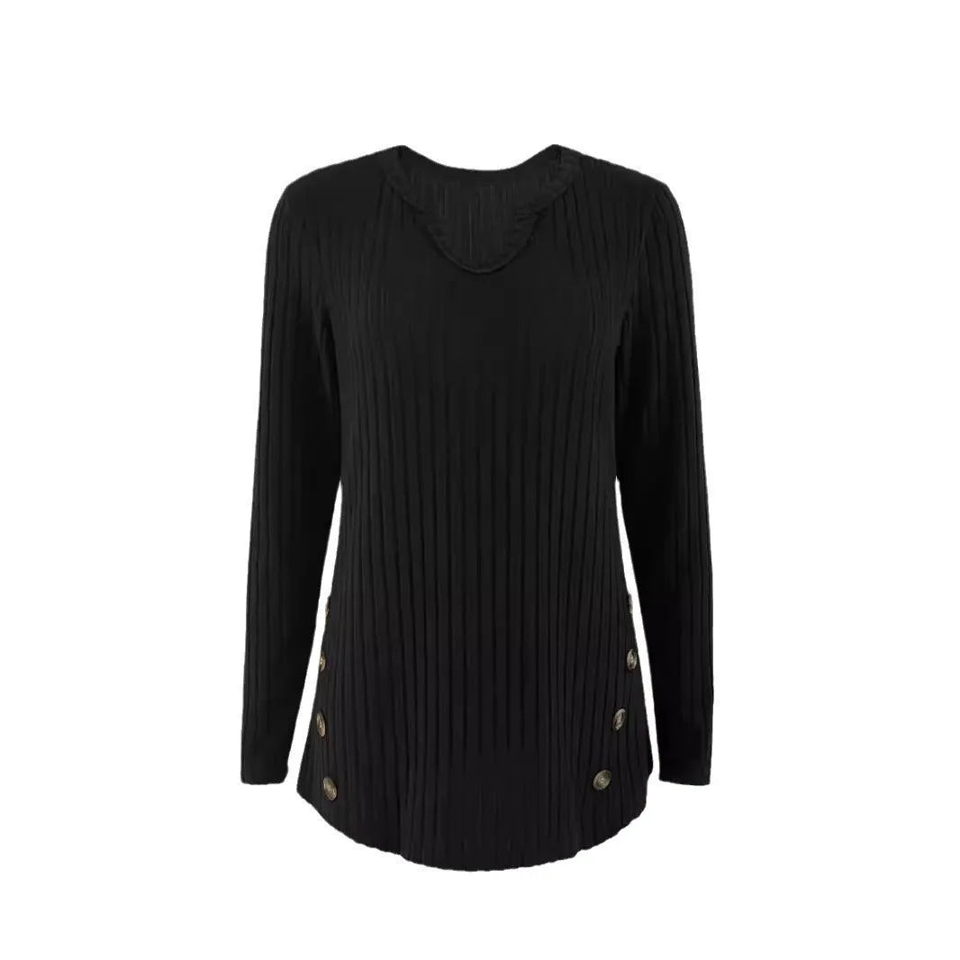 Solid colour button-front knitted sweater in black or grey green, casual pullover style