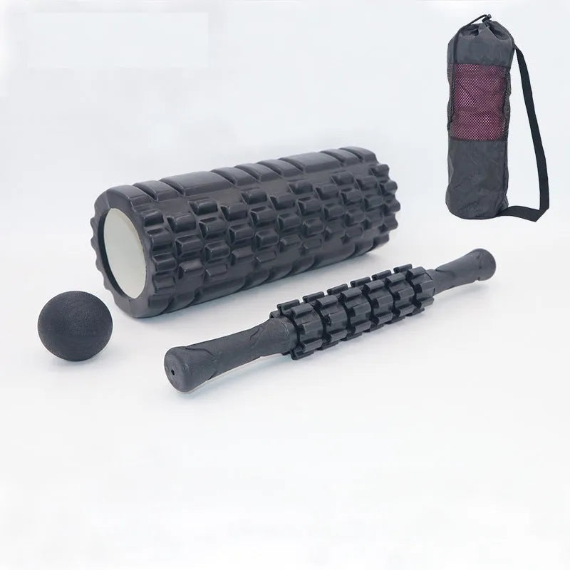 33cm black fitness foam roller massage stick with gear bar design on white background