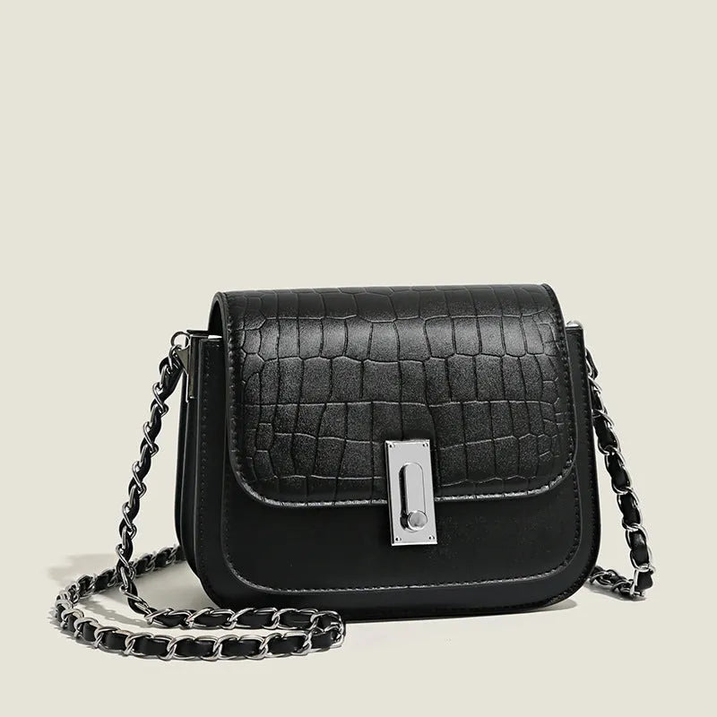 Women's soft PU chain strap shoulder bag in horizontal square shape with mobile phone compartment