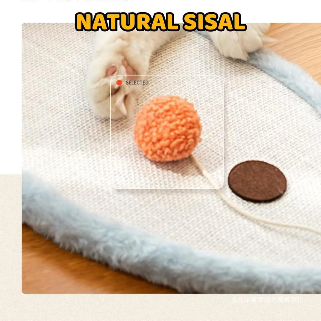 White wall mounted cat scratching mat with cartoon sleeping cat design made from natural sisal.