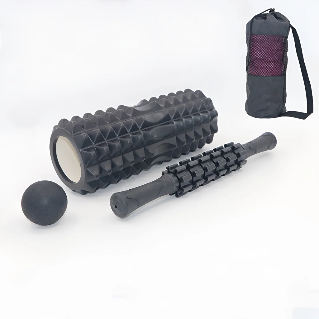 33cm black fitness foam roller massage stick with gear bar design on white background