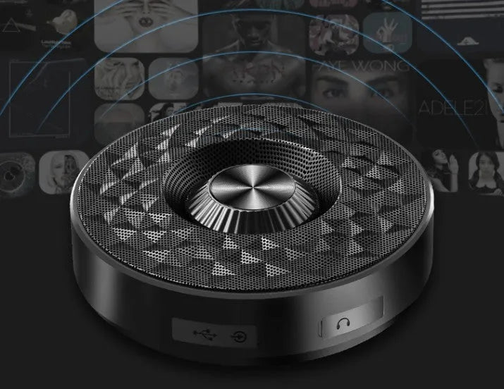 Mini Bluetooth wireless speaker in black, orange, and silvery white colours showing front view