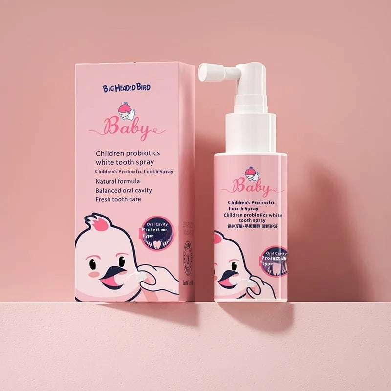 Children's probiotics white teeth cleaning spray bottle in strawberry and orange flavours for anticavity protection