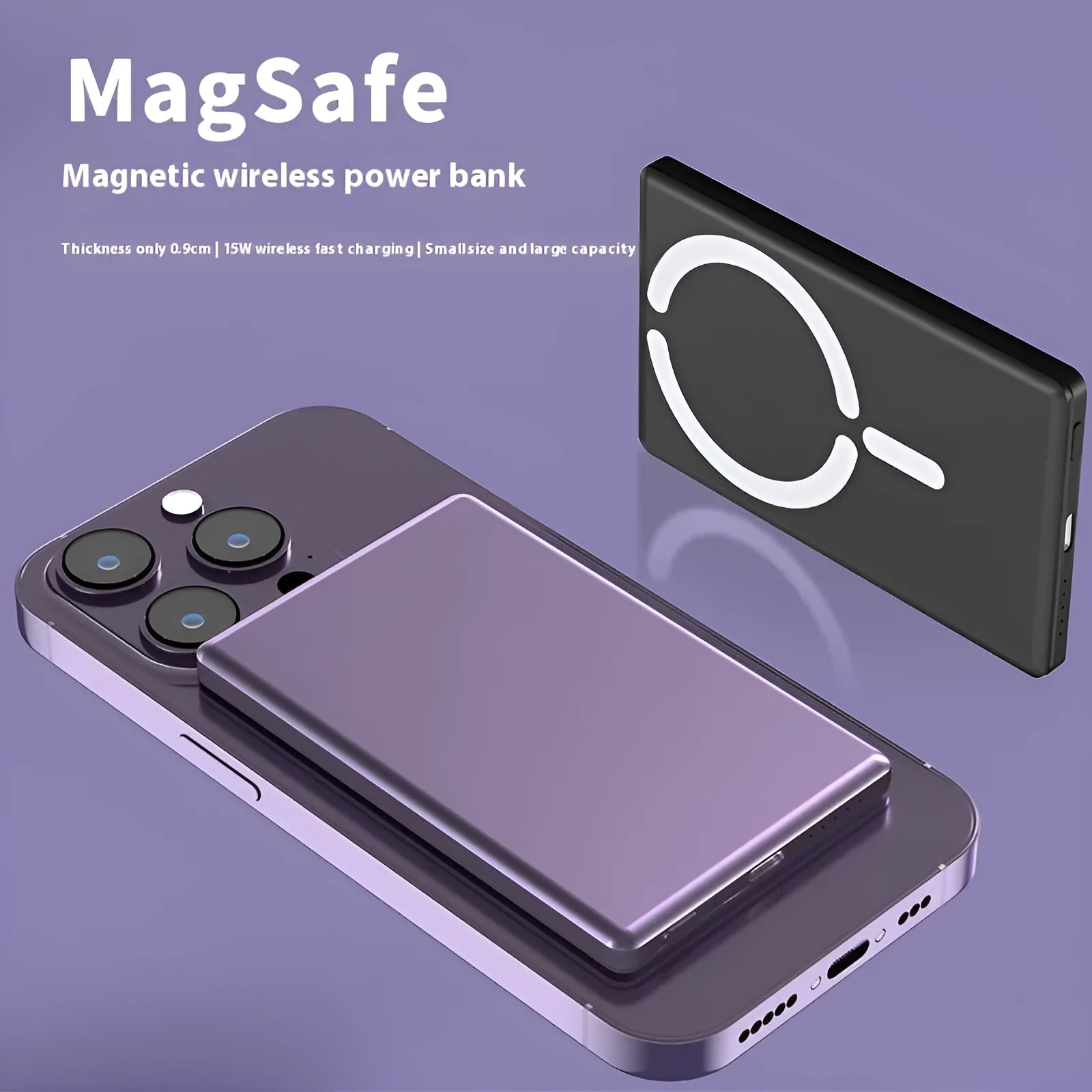 Ultra-thin magnetic power bank in dark grey, silver, black or violet colours with alloy shell