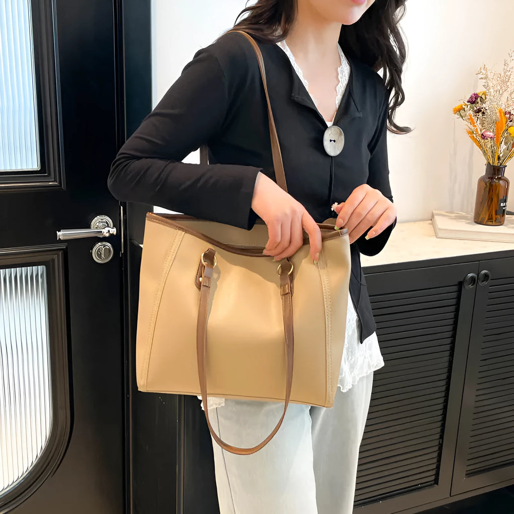 Retro PU leather tote bag in horizontal square shape with internal phone and file compartments
