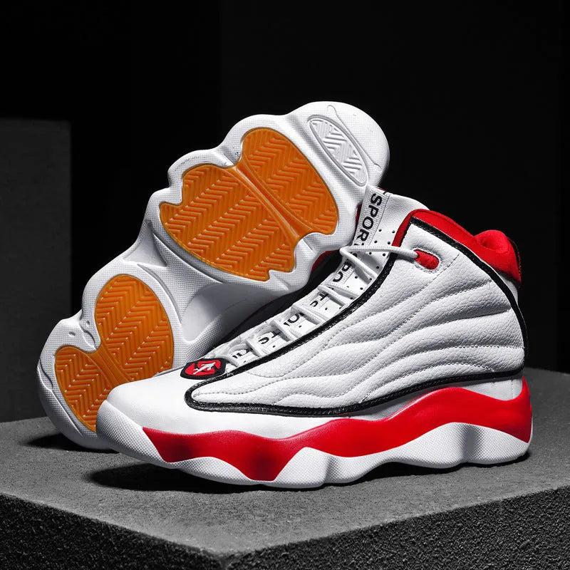 High-top basketball shoes with thick rubber sole and mesh upper in white red colourway