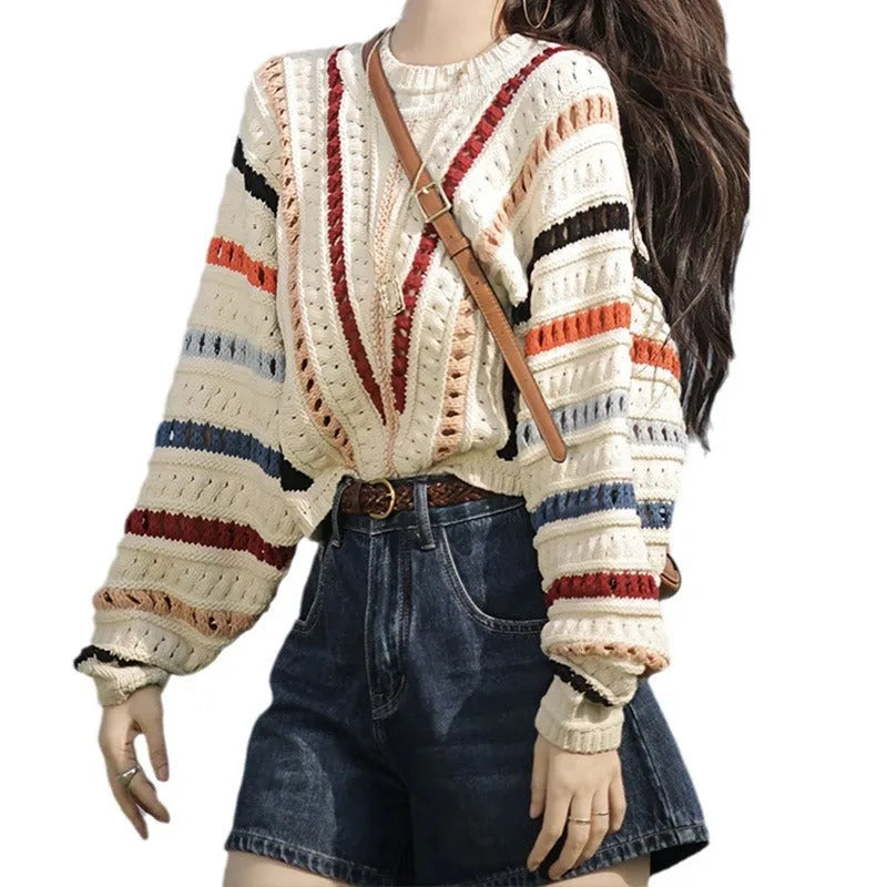 Rainbow striped loose fit sweater with batwing sleeves and round neck
