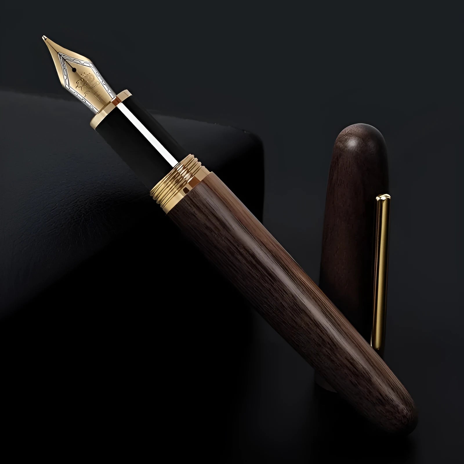 Wooden fountain pen with rotating cap shown in selected wood finish with chosen nib type.