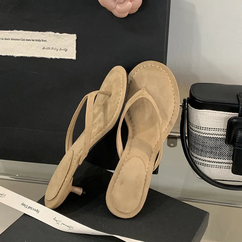Women's round toe stiletto flip-flops in black or camel rubber sandals