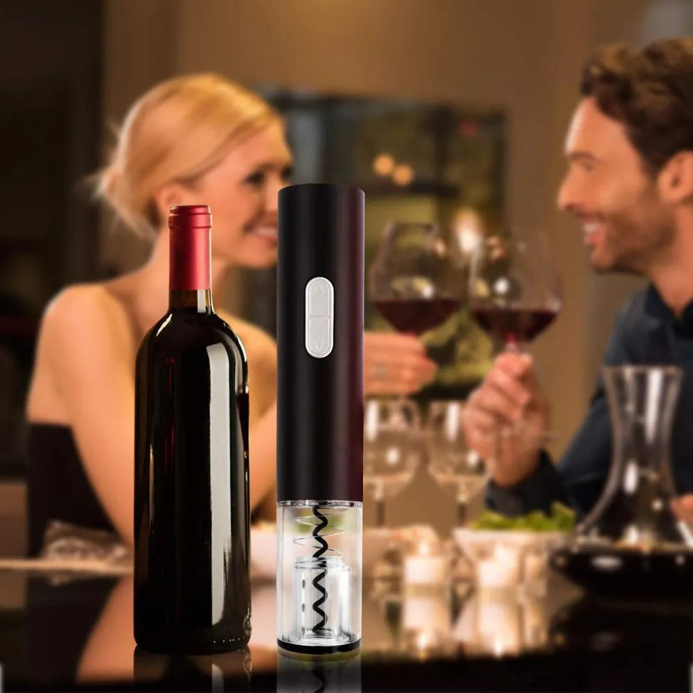 Black electric wine bottle opener with foil cutter showing automatic corkscrew mechanism