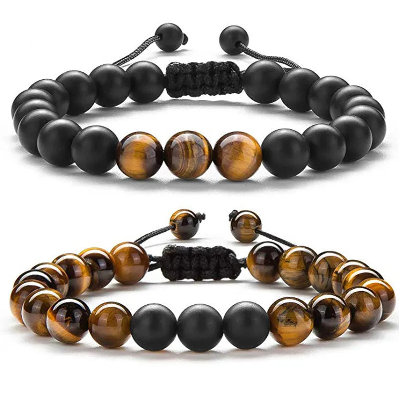 Matte black tiger eye agate couple bracelets with geometric beads