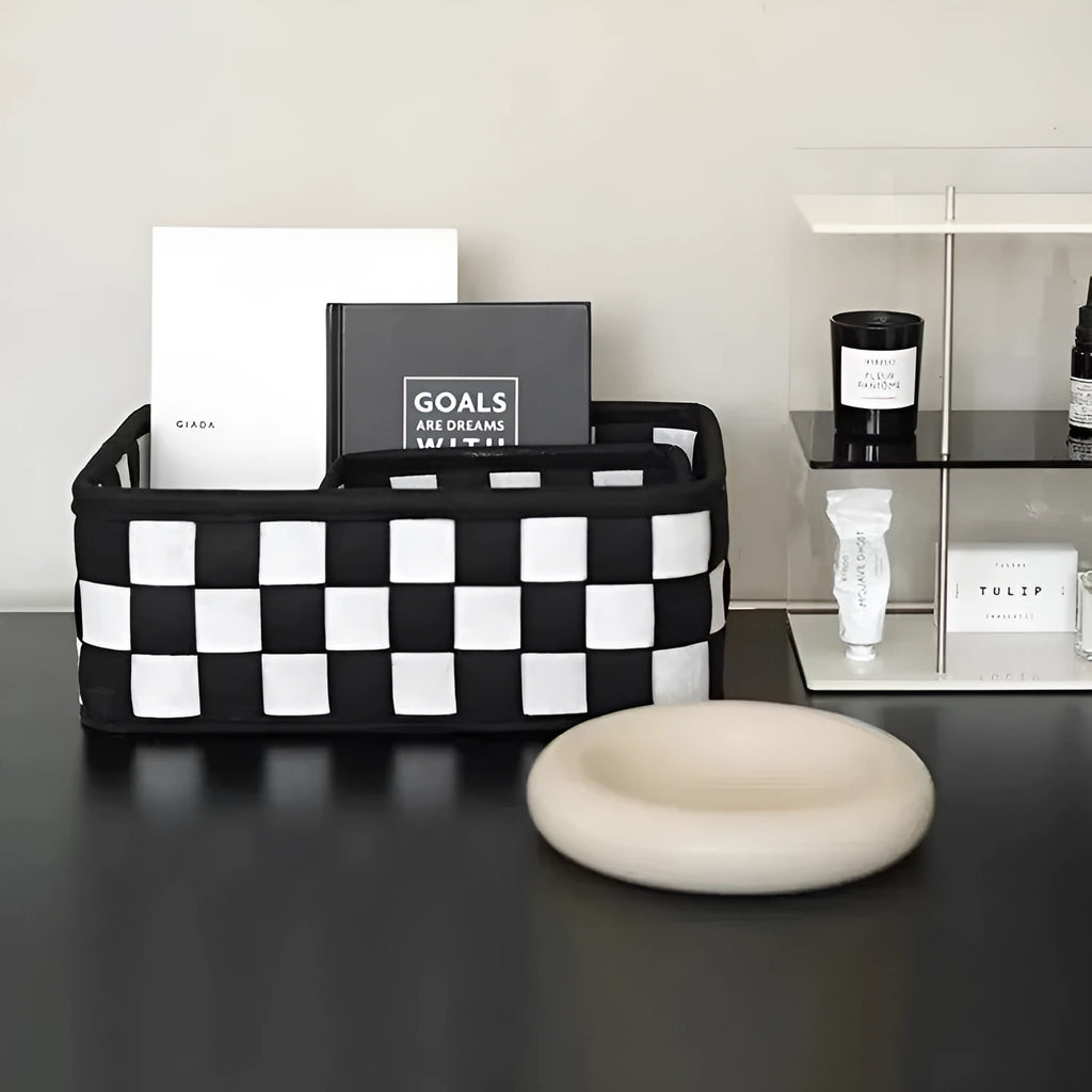 Checkerboard pattern folding felt storage basket measuring 37 by 29 by 19.5 centimetres
