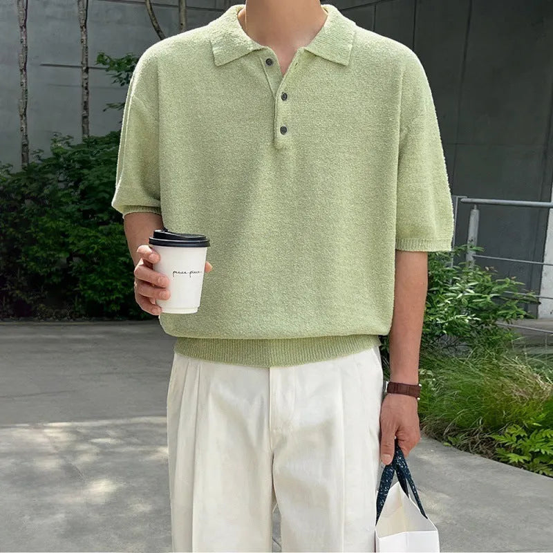 Retro style men's caramel knitted polo shirt with asymmetrical design and short sleeves.