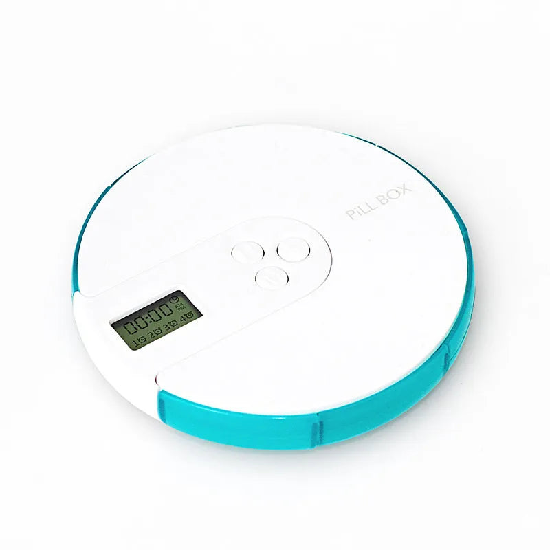 Seven-compartment alarm clock pill dispenser with display, slim 2 cm profile, shown in blue colour option