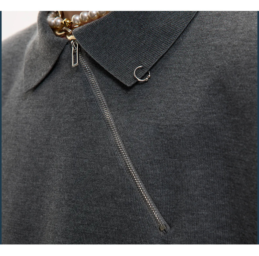Men's slim-fit knitted polo shirt with diagonal zipper in black, grey or white colour options