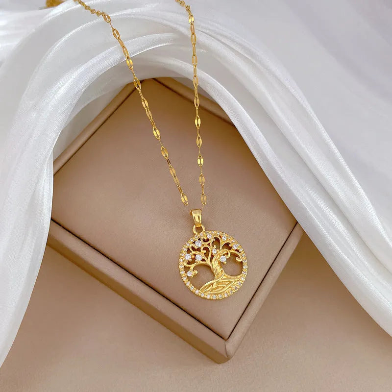 Gold plated necklace with mother pearl pendant and rhinestone lucky tree pattern on stainless steel chain