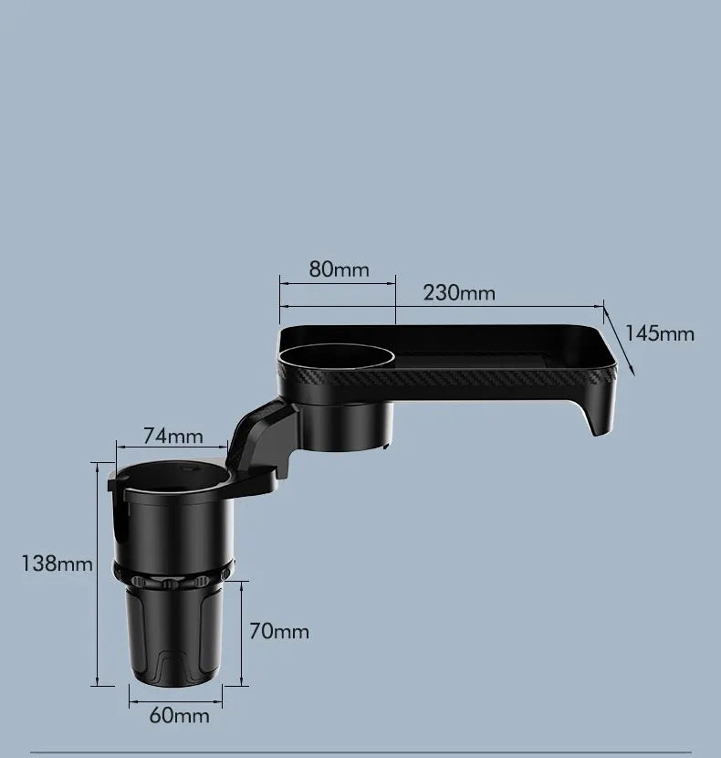 Black ABS plastic car-mounted rotating dinner tray holder showing 360-degree adjustment mechanism