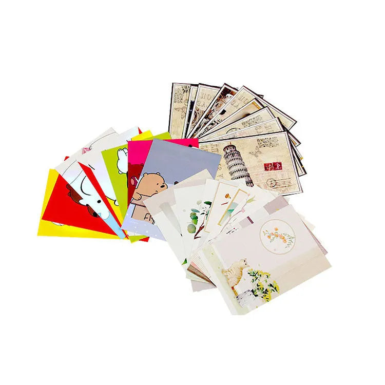 Set of nine minimalist cartoon postcards showing retro Paris towers and historic landmarks.