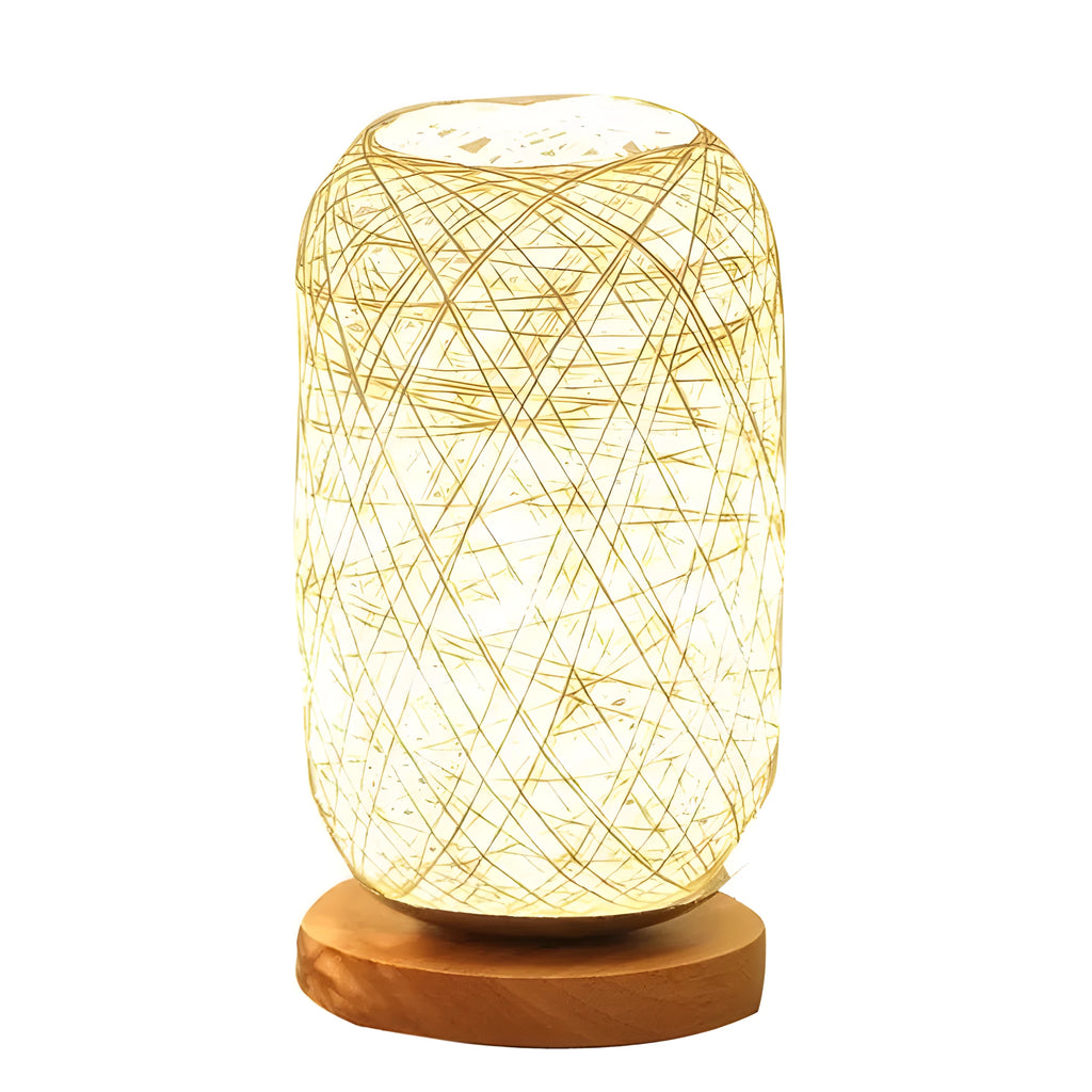 Brown hemp rope desk lamp with solid wood base and USB-powered LED light