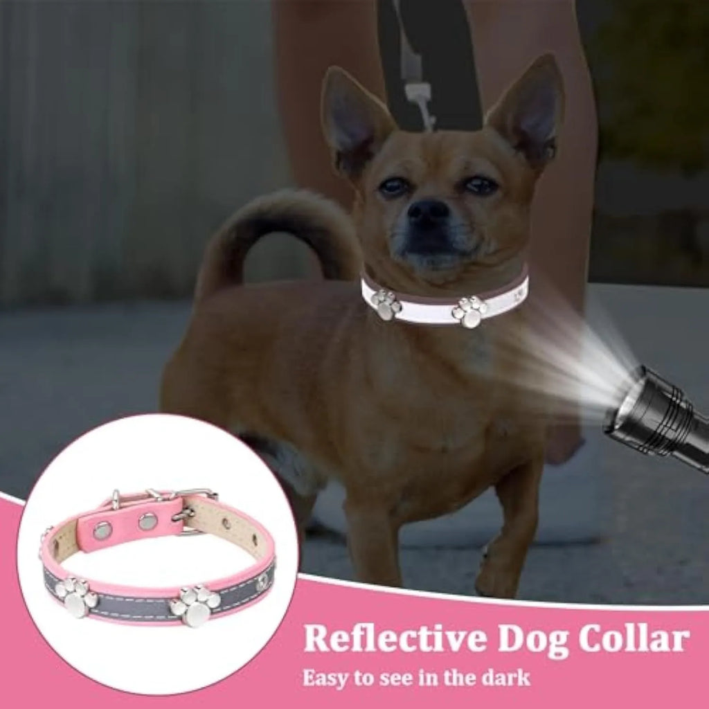 Reflective leather dog collar with paw rivets and metal buckle in adjustable sizes for dogs