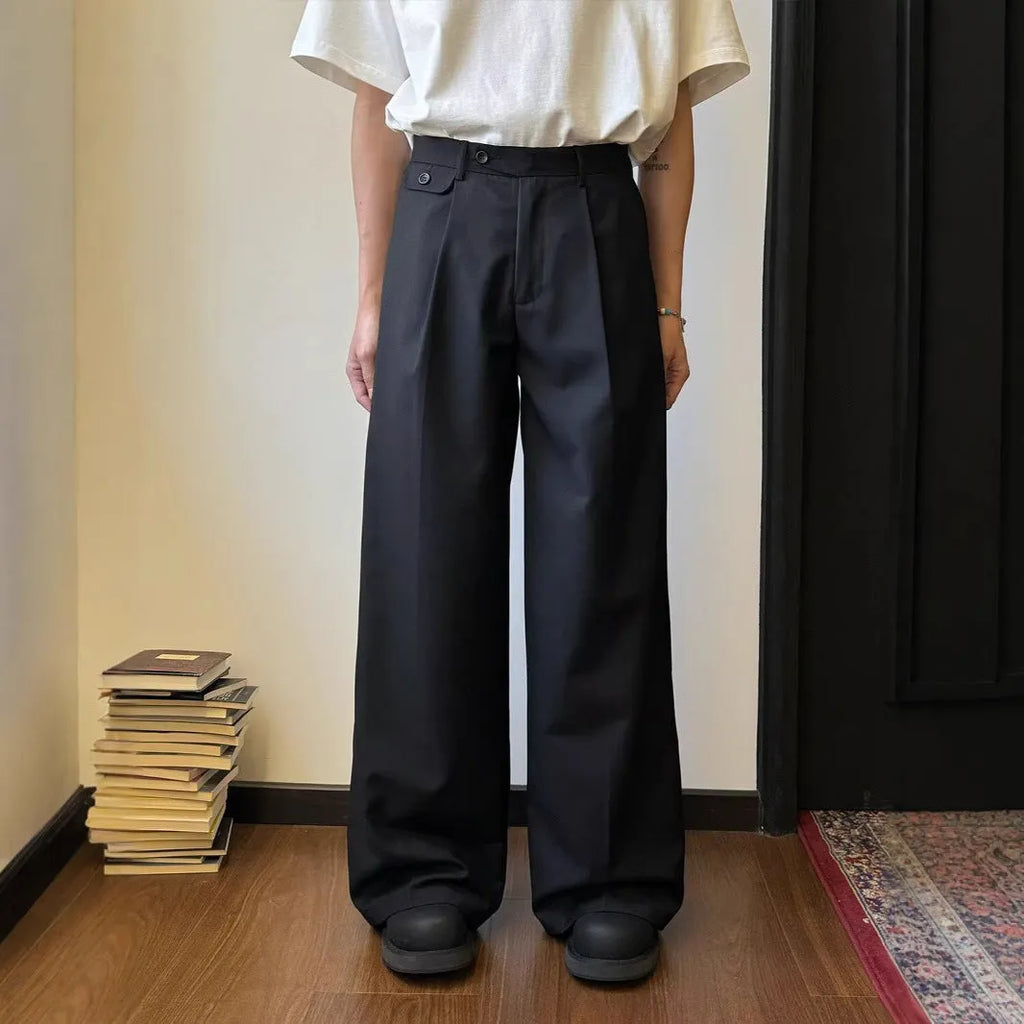 Men's straight-leg casual trousers in black or brown with wide-leg cut