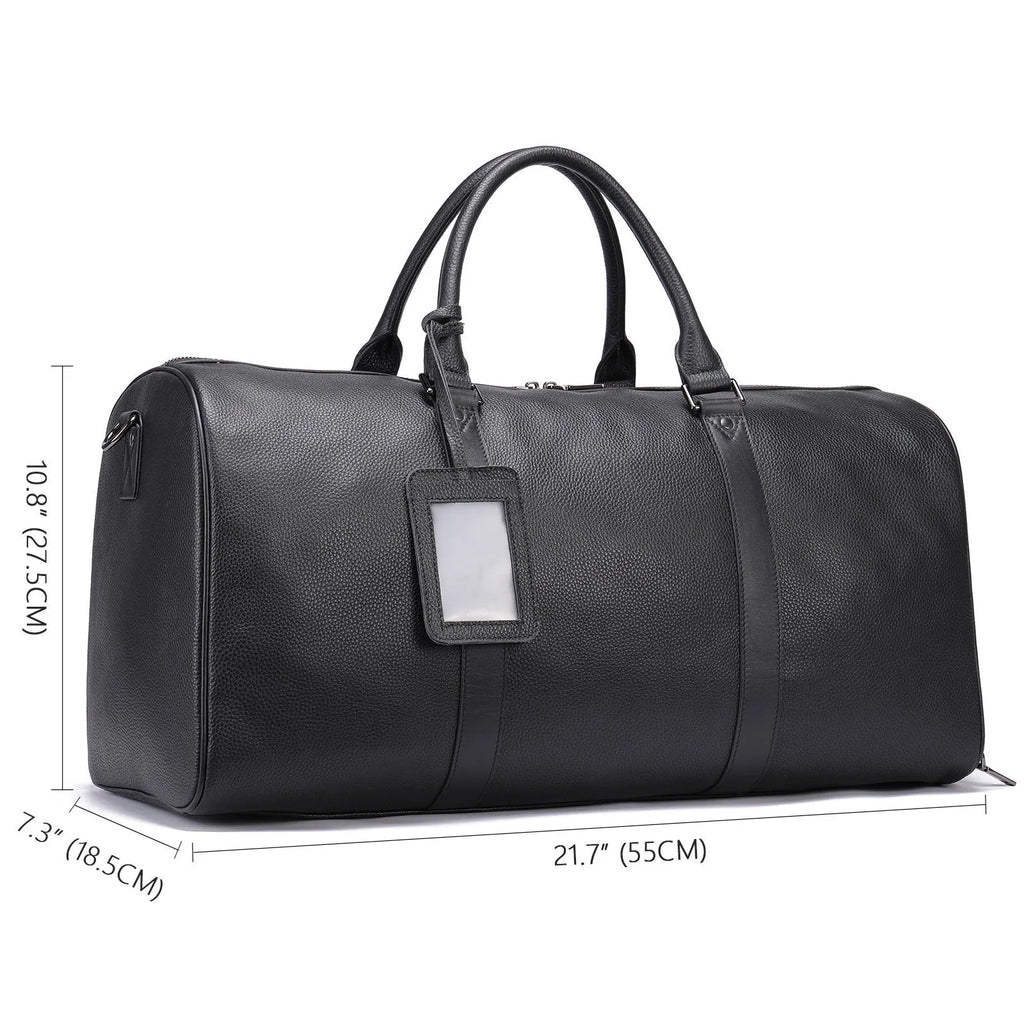 Men's black leather tote bag with single shoulder strap, shown in 44cm and 55cm length options