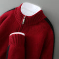Half zip round neck slim fit wool sweater in grey on a hanger