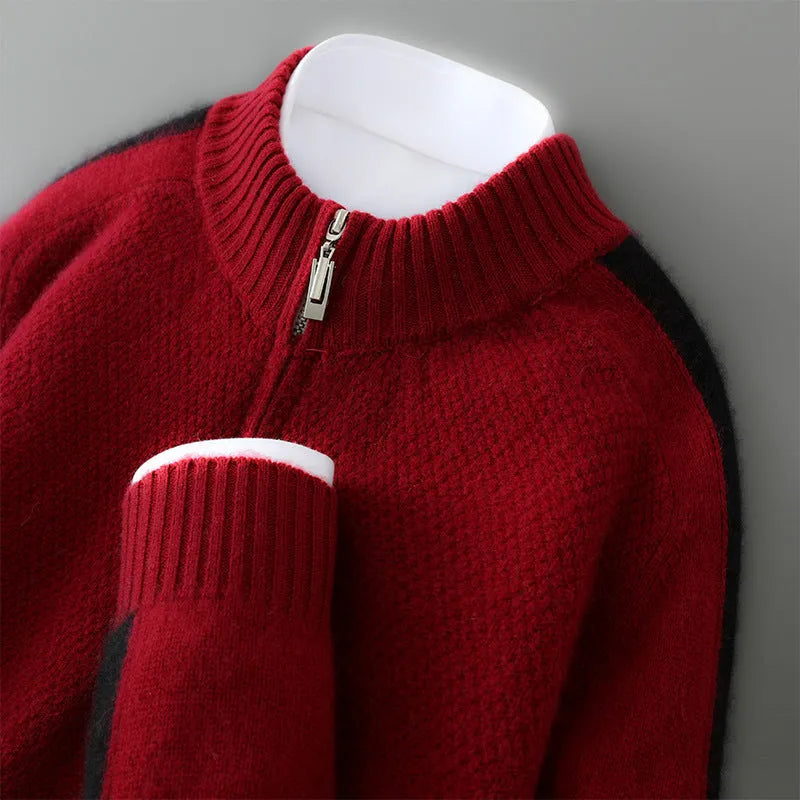 Half zip round neck slim fit wool sweater in grey on a hanger