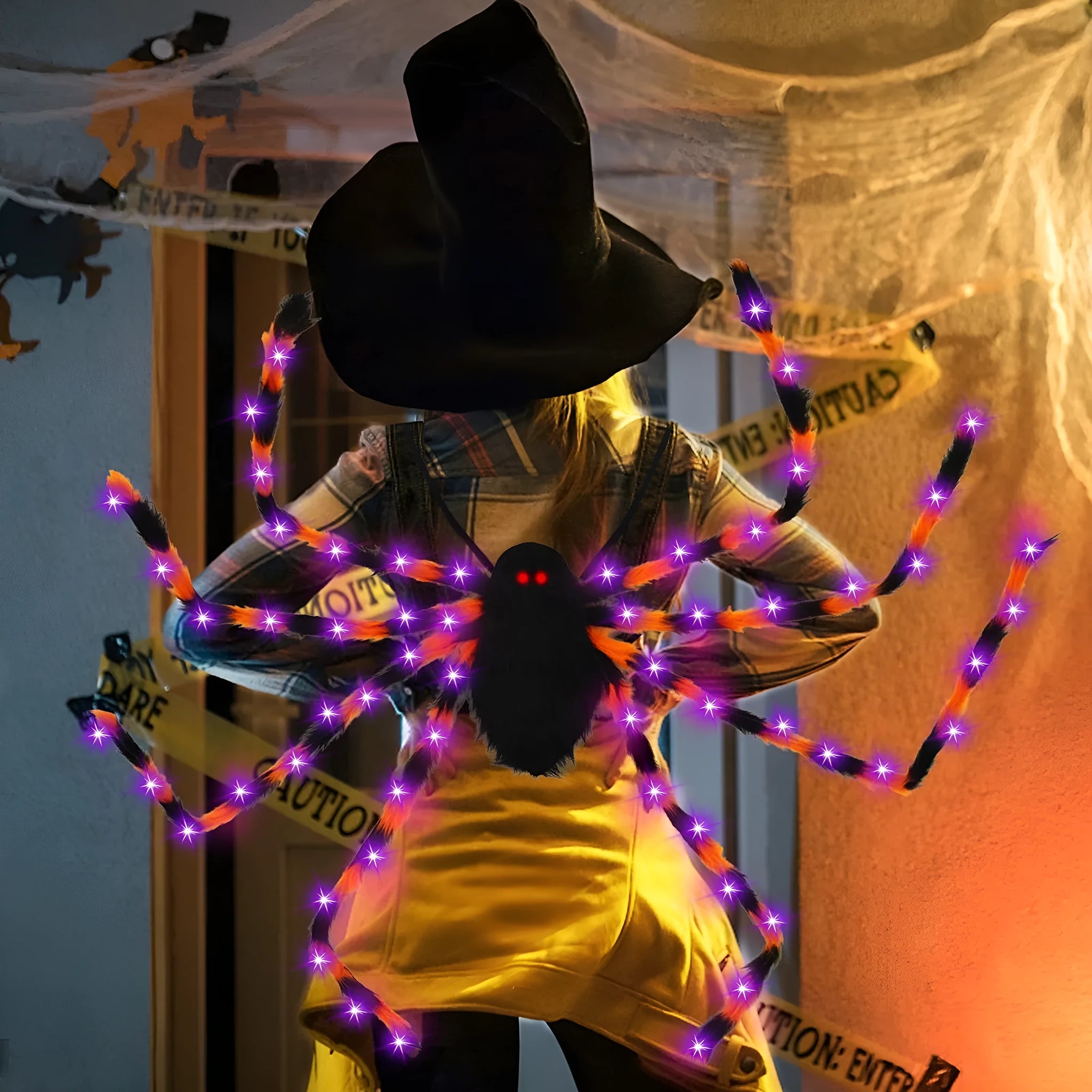 Halloween spider backpack with purple LED lights on plush sugar bag material