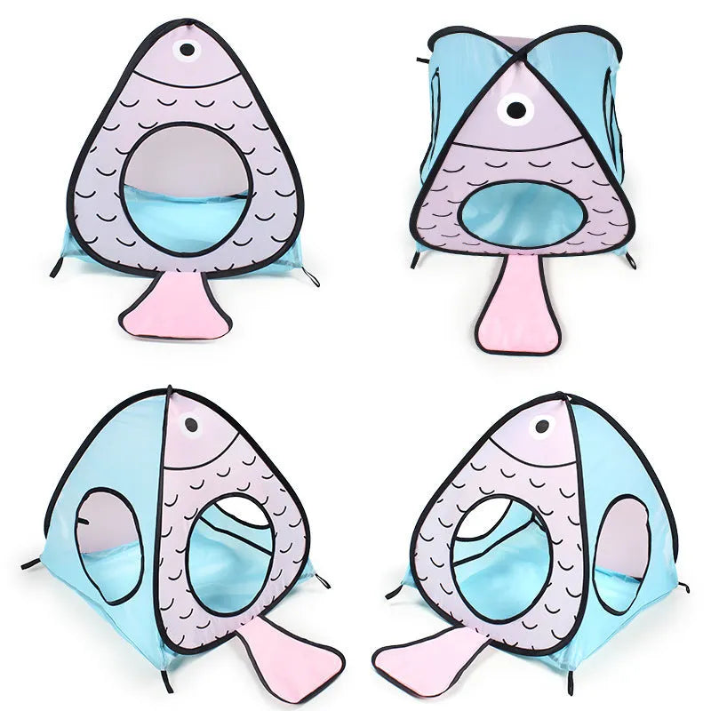 Foldable pet tent tunnel with attached cat toy and fish toy in Cat Fish colour scheme