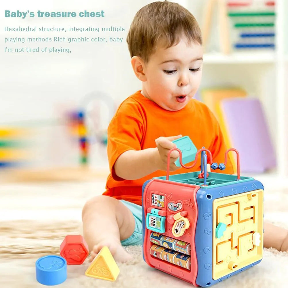 Baby educational hexahedron cube toy with bead maze and shape sorting activities