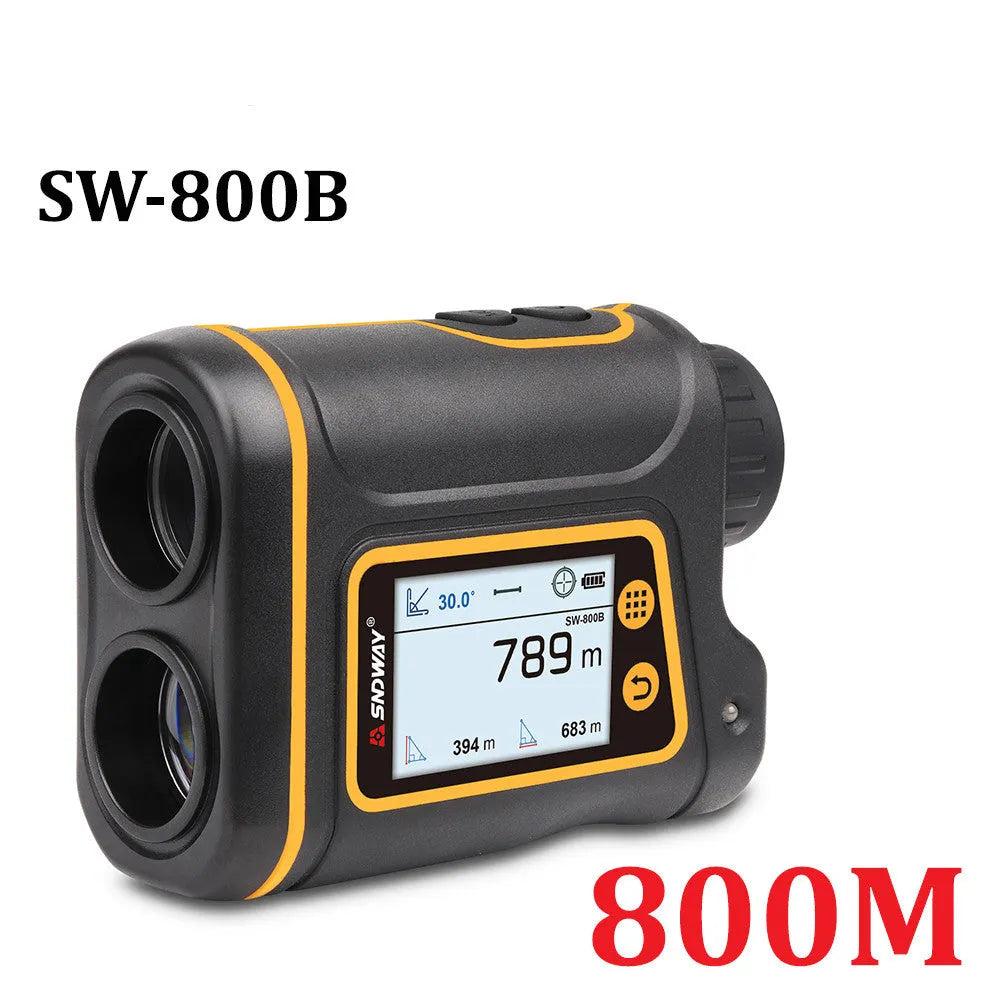 Compact black handheld golf laser rangefinder with display screen for measuring distance and slope.