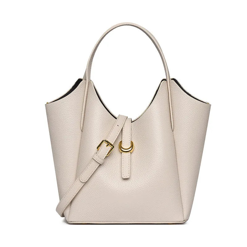 Women's genuine leather retro bucket bag with file compartment in lake blue colour