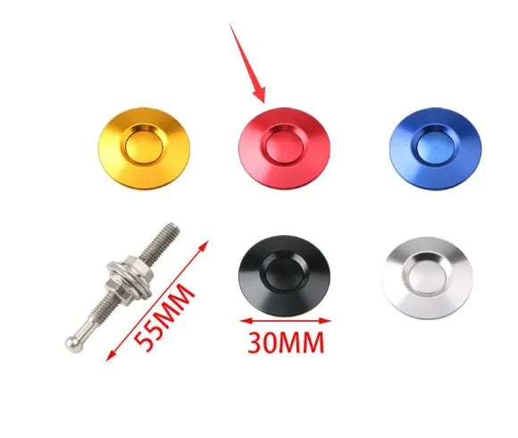 30mm diameter aluminium engine cover lock with a long screw, shown in red, silver, black, gold, and blue colour options.
