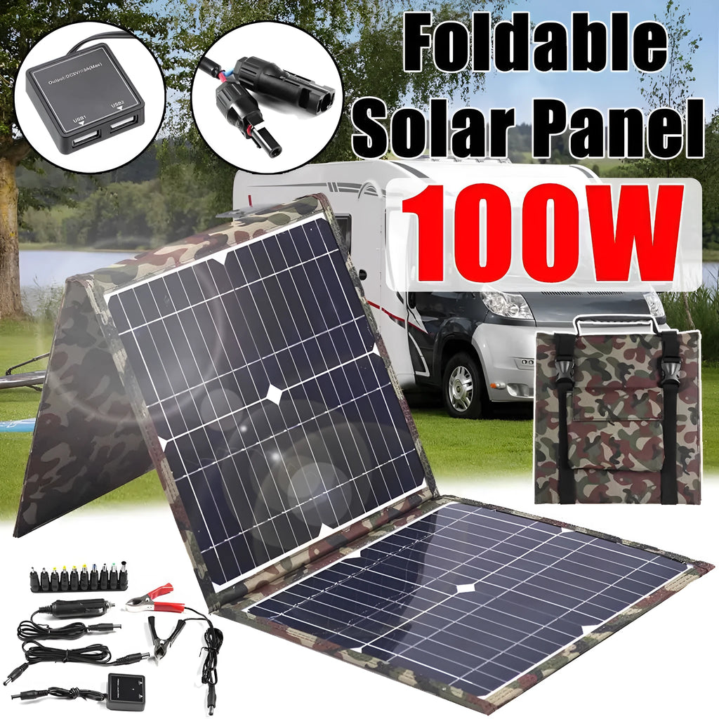 Black foldable 36W solar panel unfolded showing three monocrystalline silicon cells with car charger and USB accessories