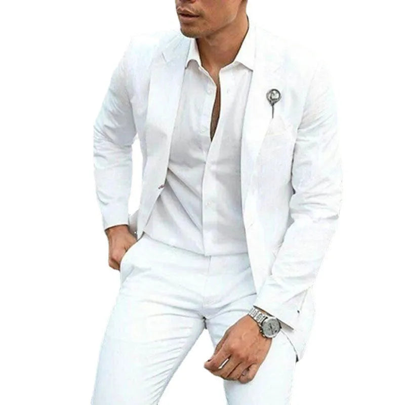 Men's white slim fit two-piece suit set for weddings, showing jacket and trousers.
