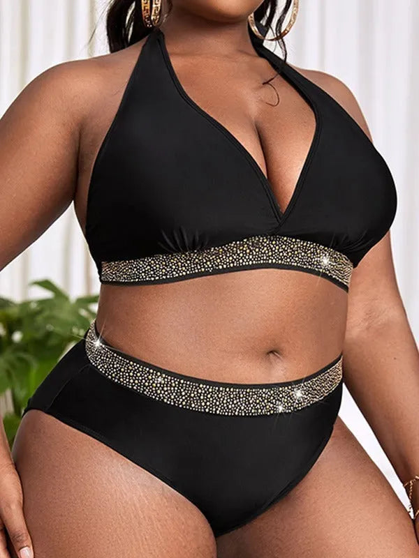 Black plus size women's bikini set with bra and shorts for swimming and sports