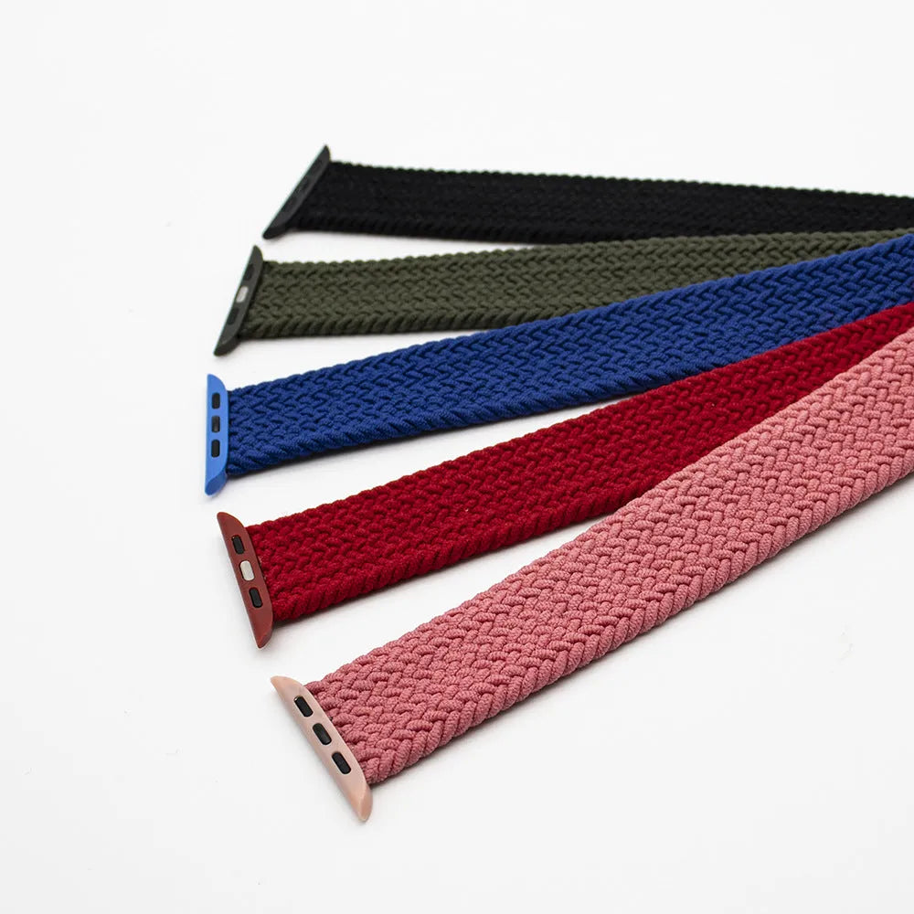 Woven nylon Apple Watch strap in five colours with plastic connector for series 1-6 compatibility