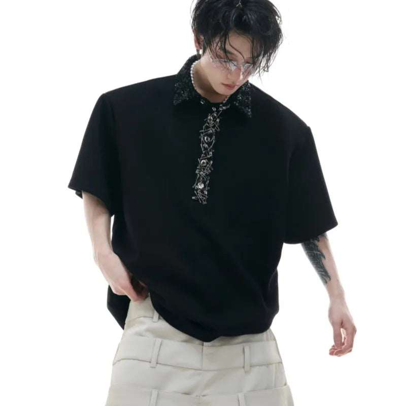 Men's black loose fit polo shirt with square collar and sequin embroidery on short sleeves