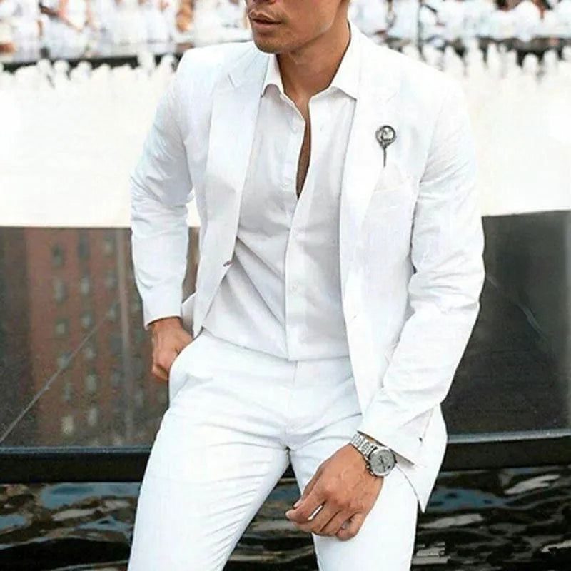 Men's white slim fit two-piece suit set for weddings, showing jacket and trousers.