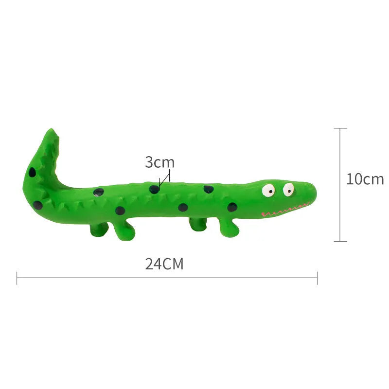 Green cartoon lizard-shaped dog chew toy with squeaker function on white background