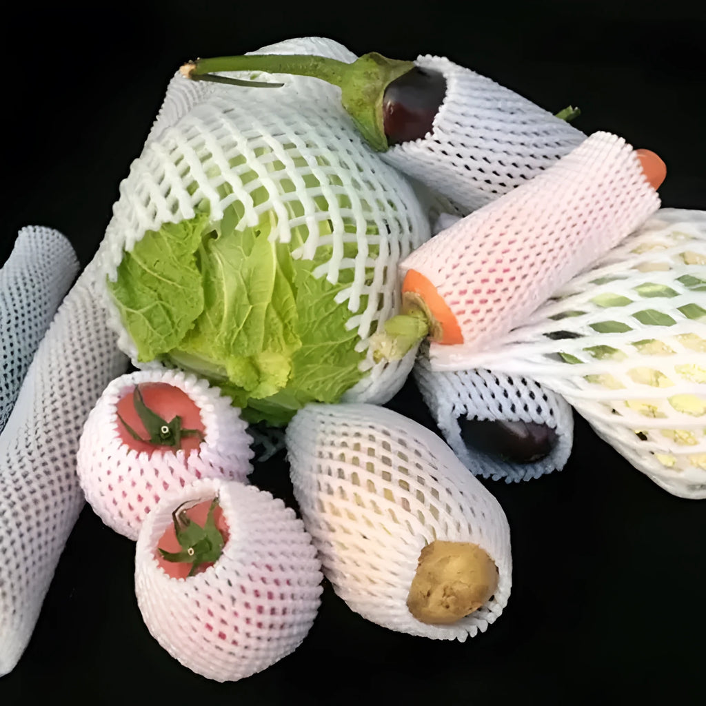 White foam protective net sleeve for fruit and delicate items, shown in multiple sizes.