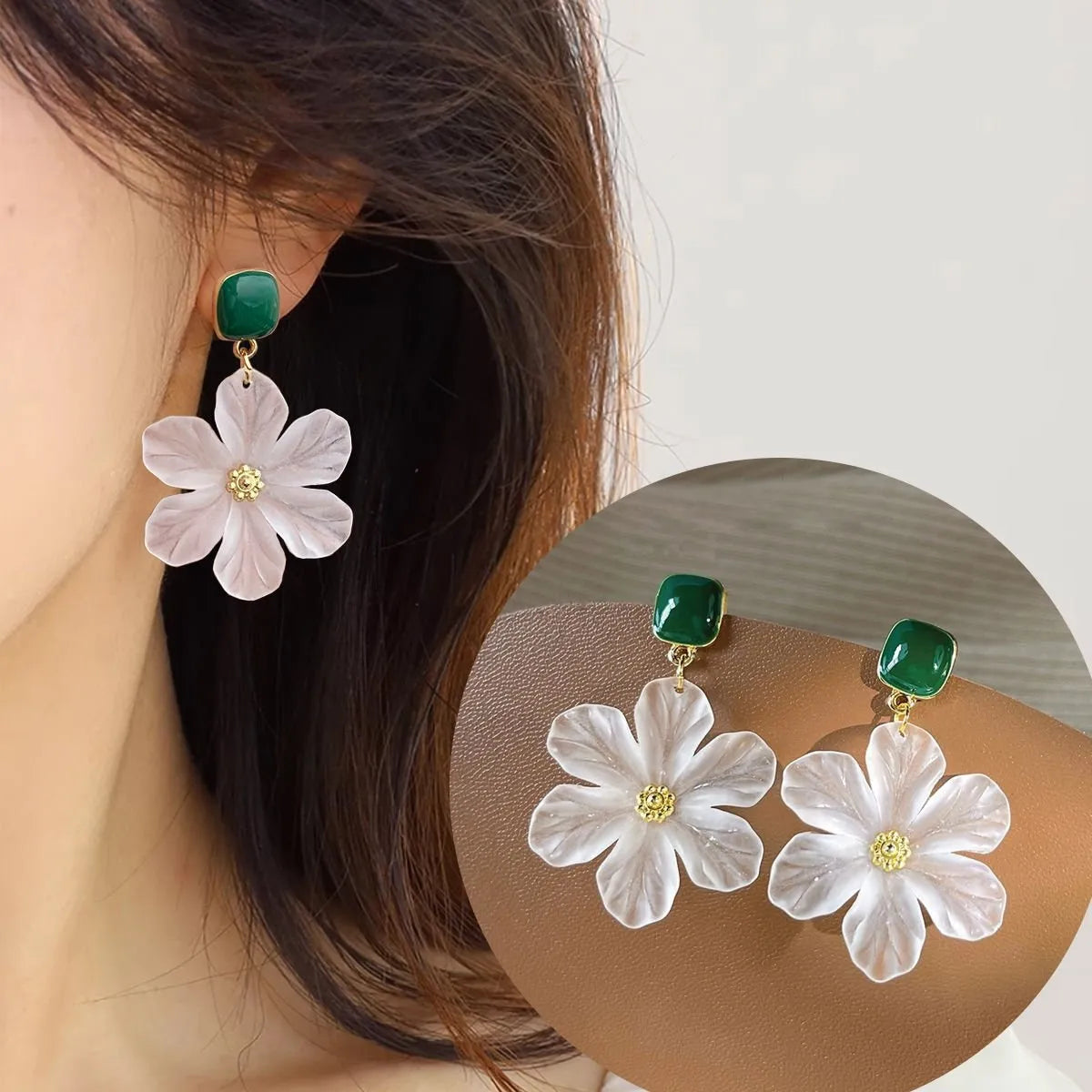 Dark green alloy drop earrings with floral needle flowers sweet filigree design
