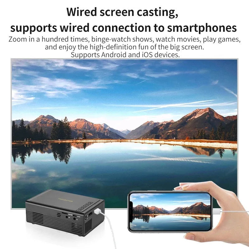Portable mini projector in black or white colour with wired mobile phone connection capability