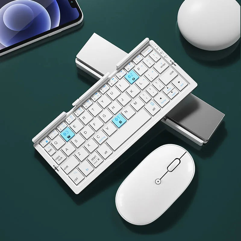 Aluminium folding Bluetooth keyboard in silver white colour showing open typing position and compact folded size