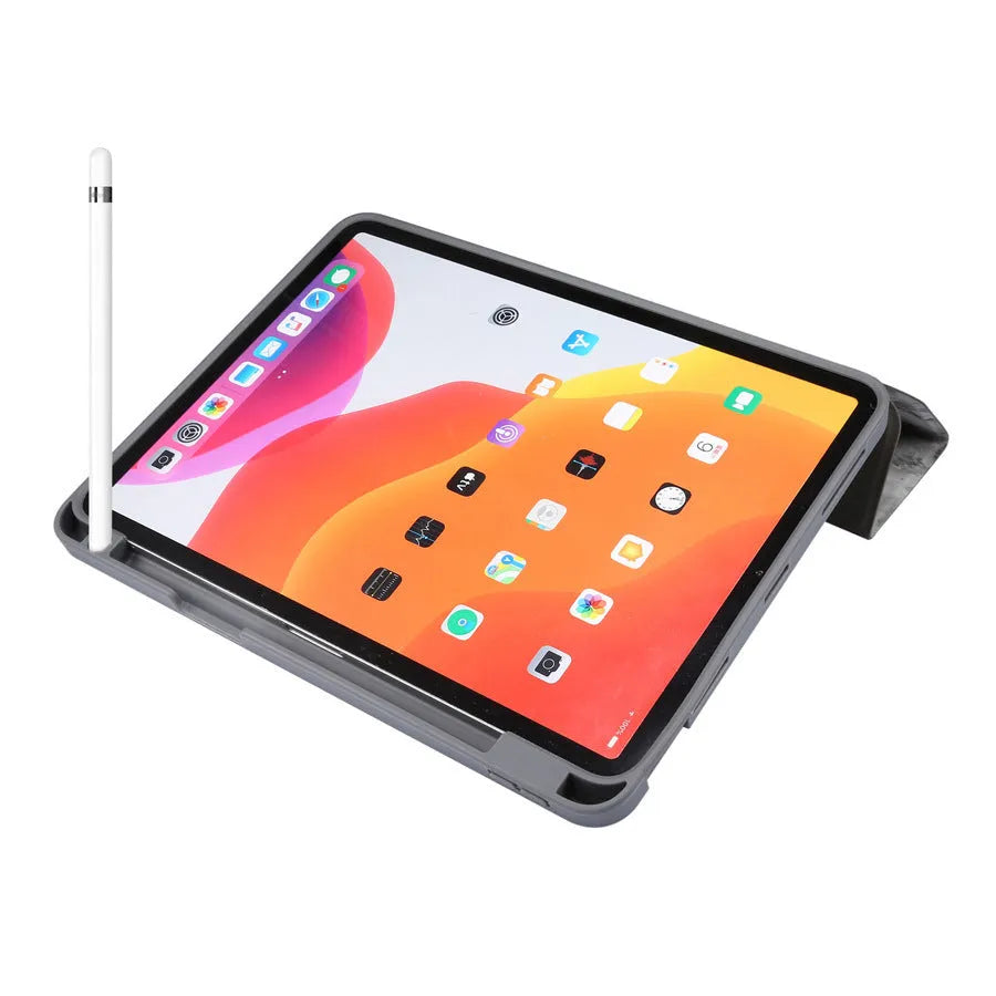 Tri-fold imitation leather iPad case with marbling pattern and a visible pen slot on the side.