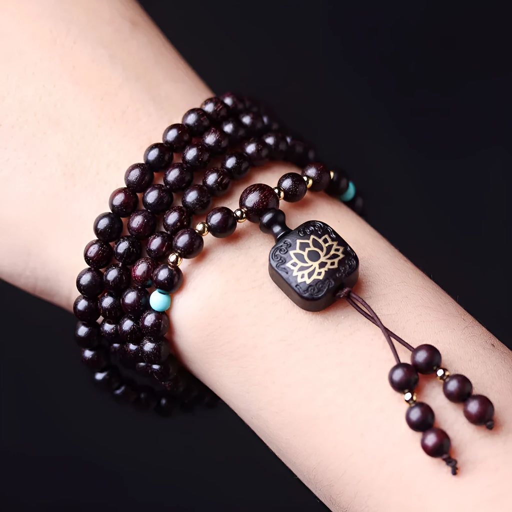 Zambian rosewood Buddha beads bracelet with flat lotus pendant, 108 beads, 0.6 cm size.