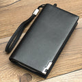 Men's black PU leather zipper wallet showing multifunctional design and card organisation